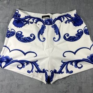 Jonvidesign Blue White Baroque Scroll Print Elastic Waist Shorts Summer Resort